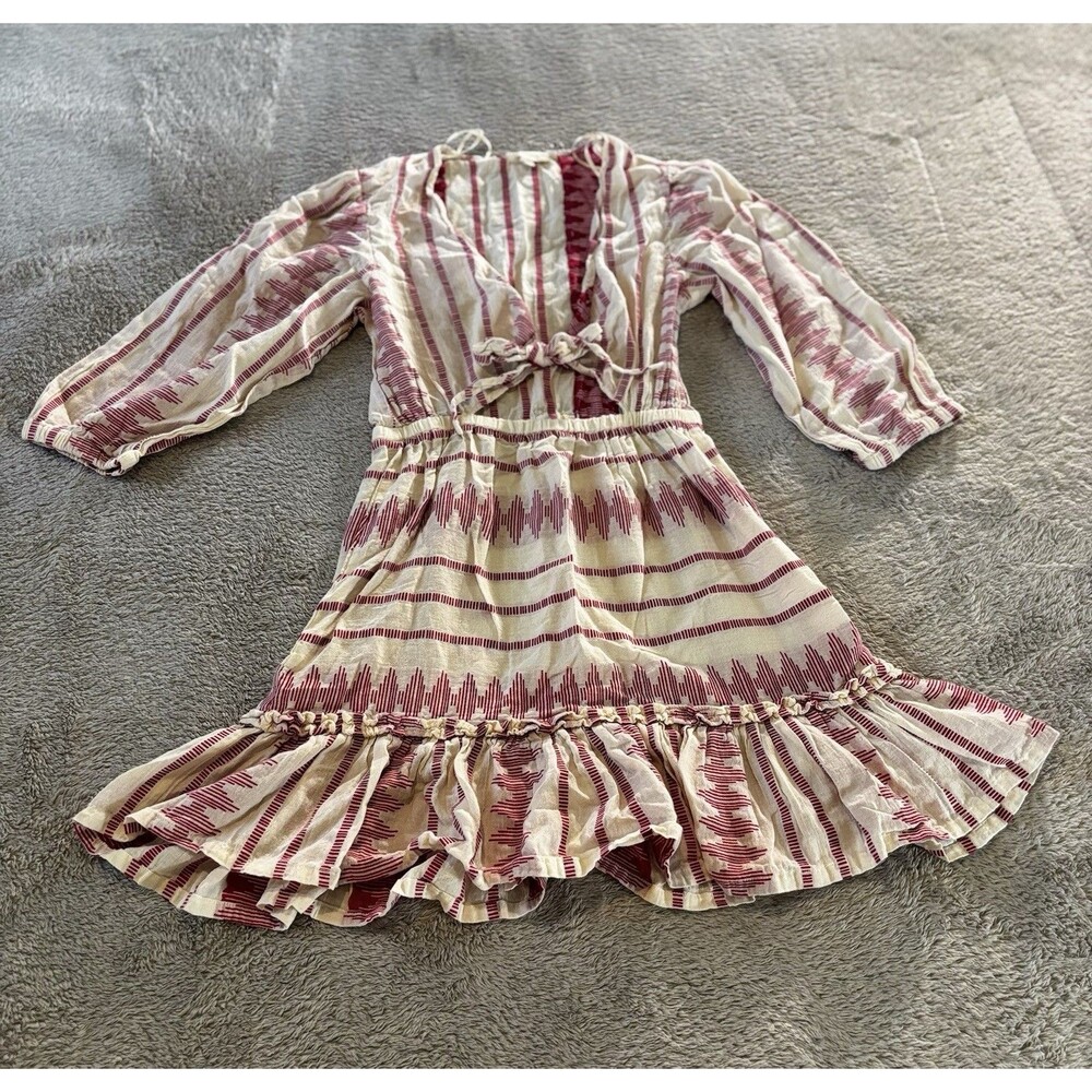 ELAN Red And White Thread Ruffle Tiered Crop Top Dress Angel Sleeves Western